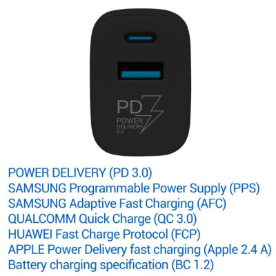 TESLA lādētājs T220 25W melns (USB-A, USB-C) TESLA lādētājs T220 25W melns (USB-A, USB-C)