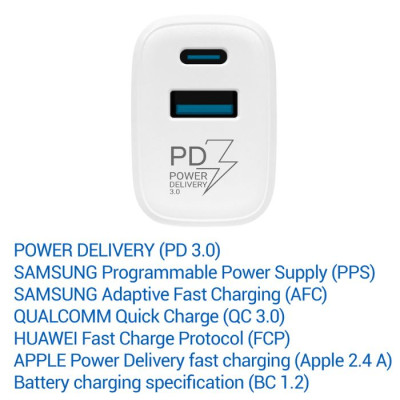 TESLA lādētājs T220 25W balts (USB-A, USB-C) TESLA lādētājs T220 25W balts (USB-A, USB-C)