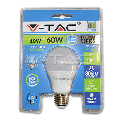 LED spuldze 10W E27 A60 silta gaisma VTAC LED spuldze 10W E27 A60 silta gaisma VTAC