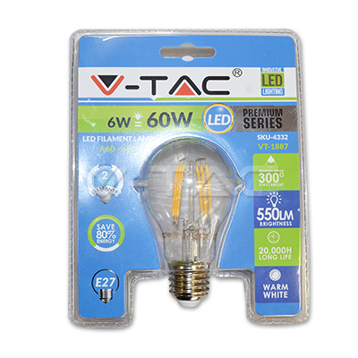 LED spuldze 6W Filament E27 A60 2700K VTAC LED spuldze 6W Filament E27 A60 2700K VTAC